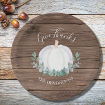 Give Thanks Pumpkin Thanksgiving Paper Plate<br><div class="desc">These Thanksgiving paper plates are decorated with a watercolor white pumpkin and eucalyptus in soft shades of green on a barn wood background. They say "Give Thanks" in stylish script typography.
You can customise them with your name.
Original Watercolor © Michele Davies.</div>