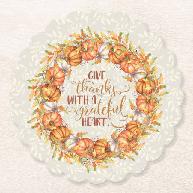 Give Thanks Pumpkin Wreath Paper Coaster (Front)