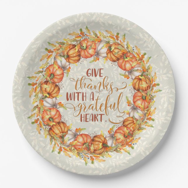 Give Thanks Pumpkin Wreath Paper Plate (Front)