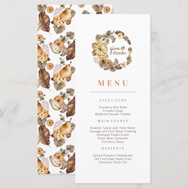 Give Thanks Pumpkin Wreath Thanksgiving Menu (Front/Back)