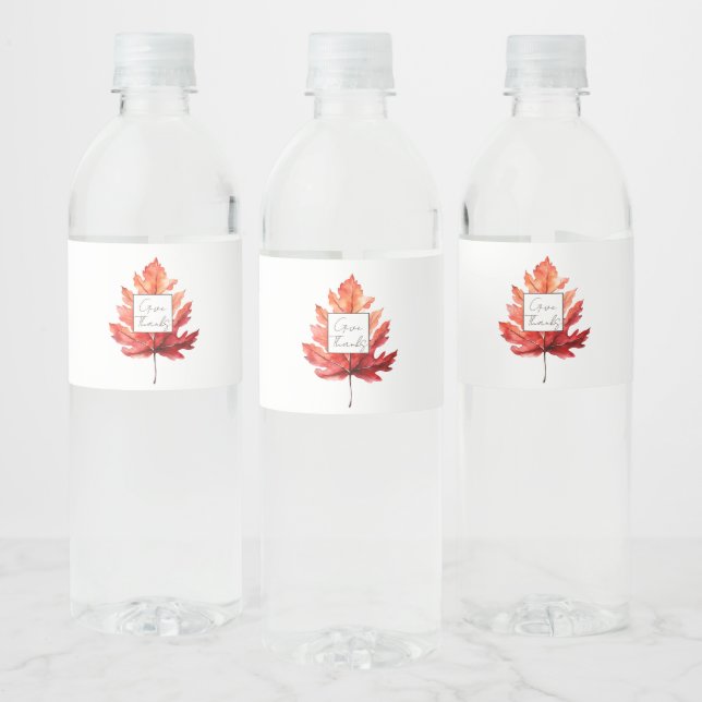 Give Thanks Red Fall Leaf Thanksgiving Water Bottle Label (Bottles)