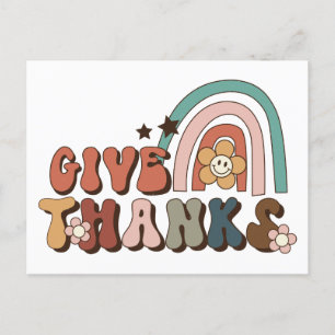 Give Thanks Retro Rainbow Thanksgiving Postcard