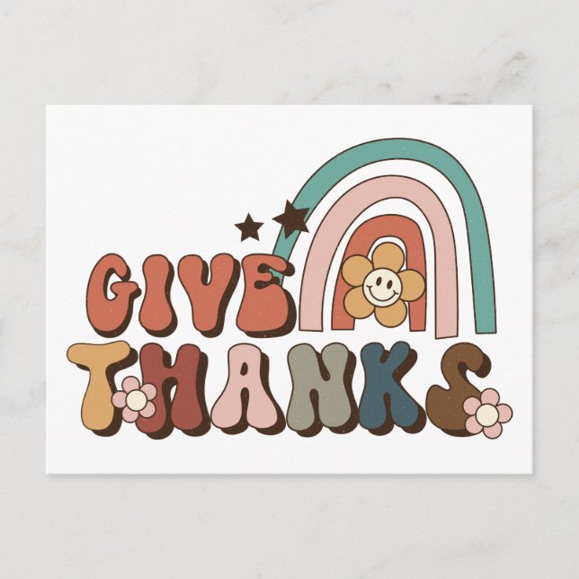 Give Thanks Retro Rainbow Thanksgiving Postcard (Front)