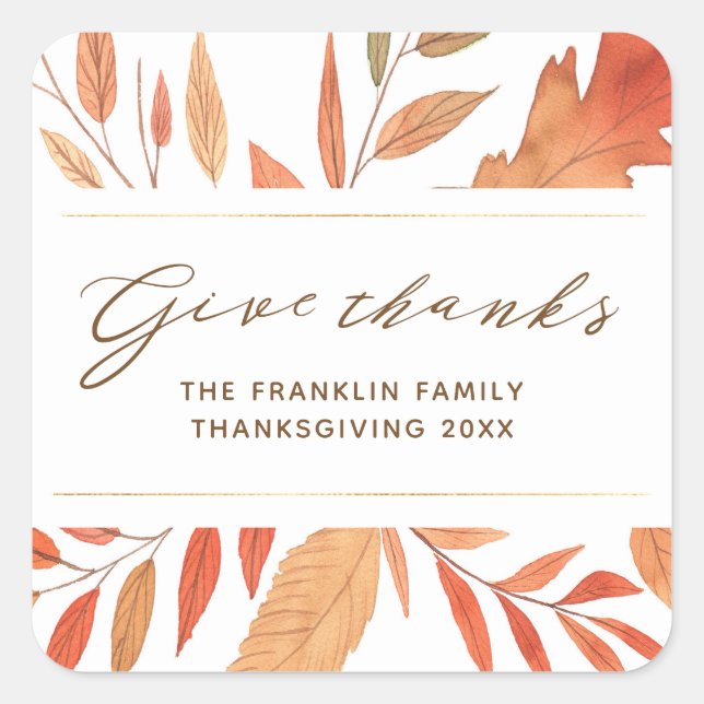 Give Thanks Rustic Autumn Leaves Thanksgiving Square Sticker (Front)