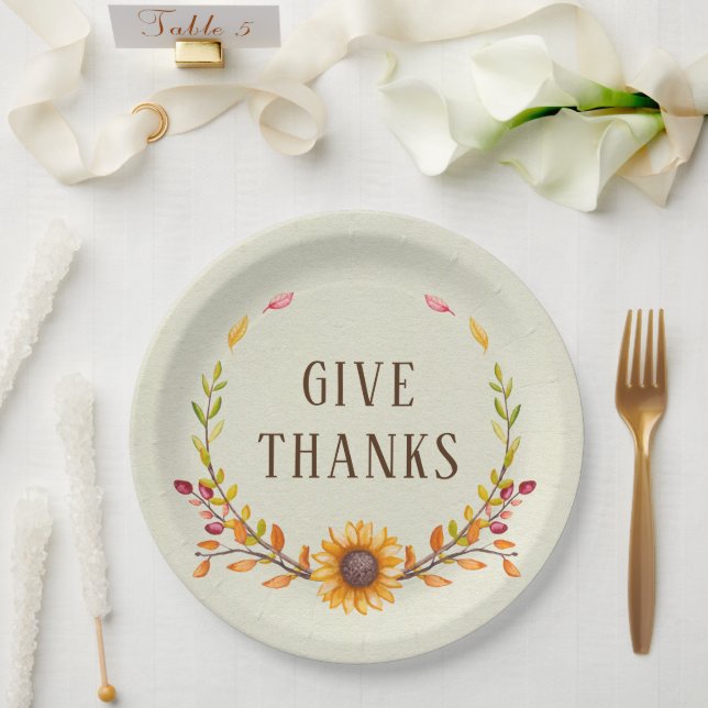 Give Thanks Rustic Boho Sunflower Thanksgiving Paper Plate (Wedding)