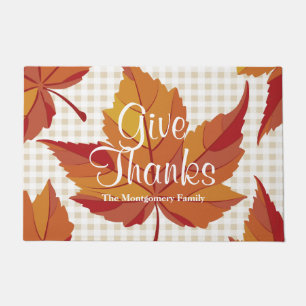 Give Thanks Rustic Elegant Fall Leaves & Plaid Doormat