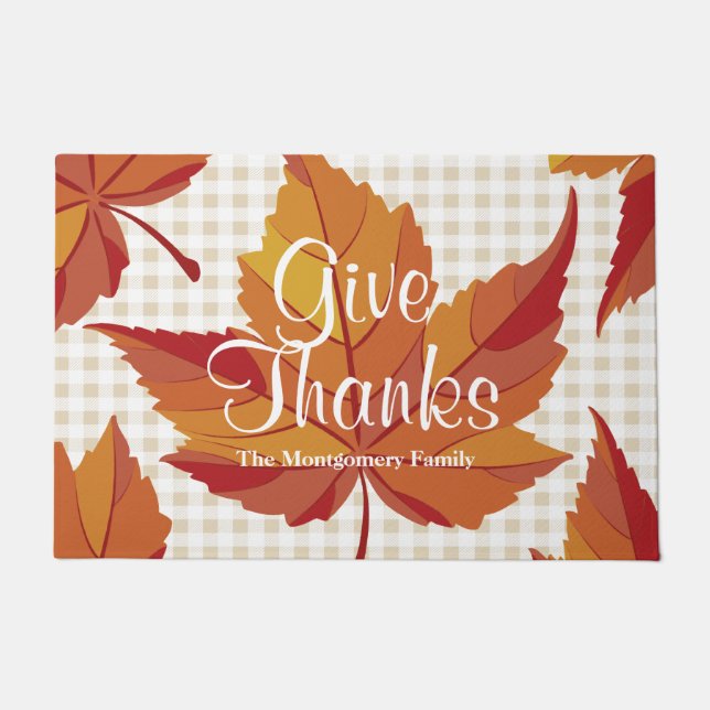 Give Thanks Rustic Elegant Fall Leaves & Plaid Doormat (Front)