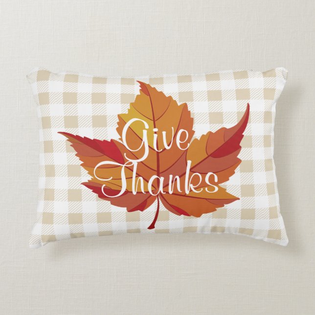 Give Thanks Rustic Fall Leaf & Plaid Decorative Cushion (Front)