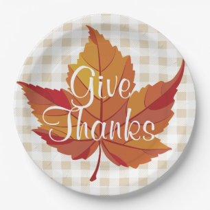 Give Thanks Rustic Fall Orange Leaf & Plaid Paper Plate