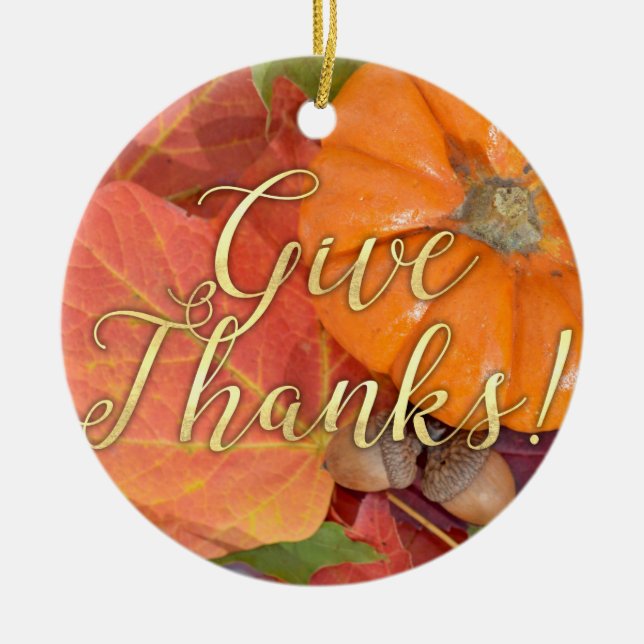 Give Thanks Script Typography Autumn Thanksgiving Ceramic Tree Decoration (Front)