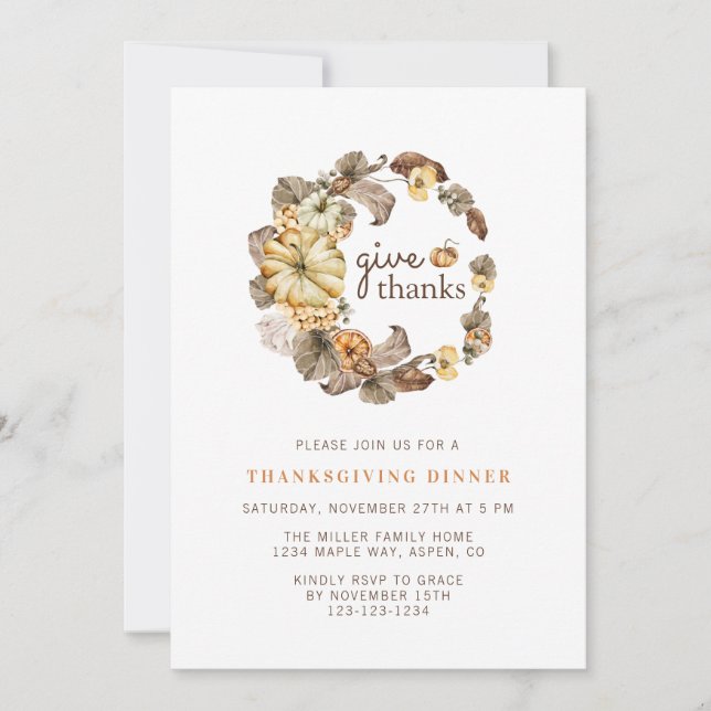 Give Thanks Simple Watercolor Thanksgiving Dinner  Invitation (Front)