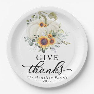 Give Thanks Sunflowers White Pumpkin Thanksgiving Paper Plate