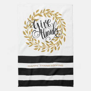 Give Thanks Text Modern Gold Wreath & Stripes Tea Towel