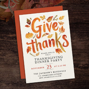 Give Thanks Thanksgiving Autumn Dinner Watercolor  Invitation