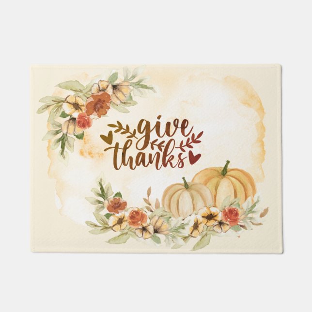 Give Thanks Thanksgiving Autumn Flowers Pumpkins  Doormat (Front)