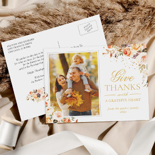 Give Thanks Thanksgiving Autumn Gold Floral Photo Postcard