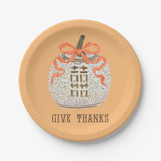 Give Thanks Thanksgiving Chinoiserie Pumpkin Paper Plate (Front)