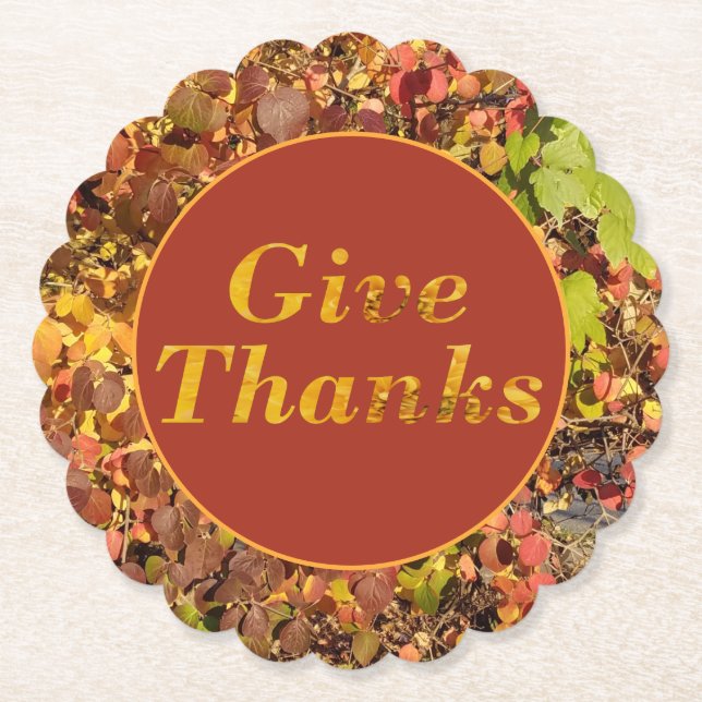Give Thanks Thanksgiving Floral Leaves Paper Coaster (Front)