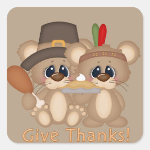 Give Thanks Thanksgiving mice pilgrim Indian Square Sticker