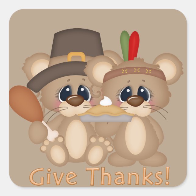 Give Thanks Thanksgiving mice pilgrim Indian Square Sticker (Front)