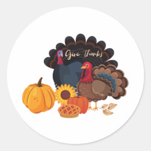 Give Thanks Thanksgiving Turkey and Pumpkins Classic Round Sticker
