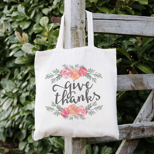 Give Thanks Thanksgiving Watercolor Floral Tote Bag