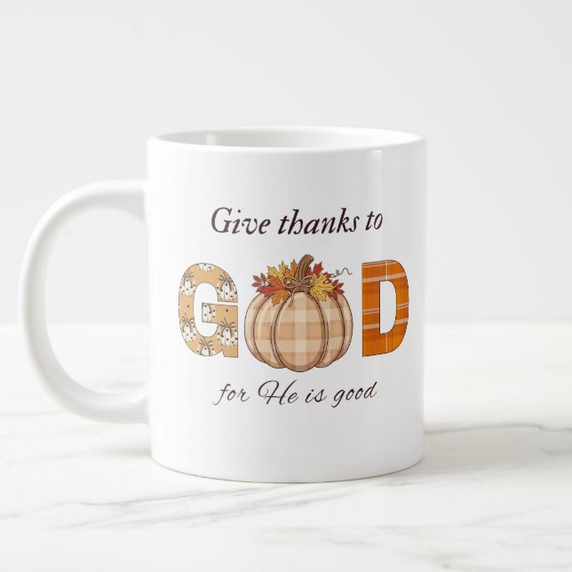 Give Thanks to God Fall Pumpkin Art Large Coffee Mug (Left)