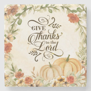 Give Thanks to the Lord Autumn Flowers Pumpkins  Stone Coaster