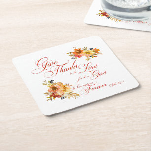 Give Thanks to the Lord fall watercolor floral Square Paper Coaster