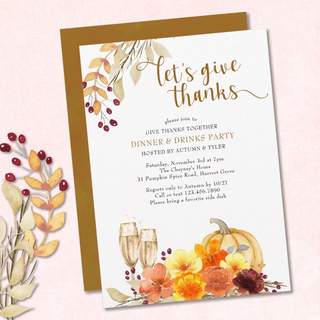 Give Thanks Together Autumn Flowers Dinner Party Invitation (Creator Uploaded)