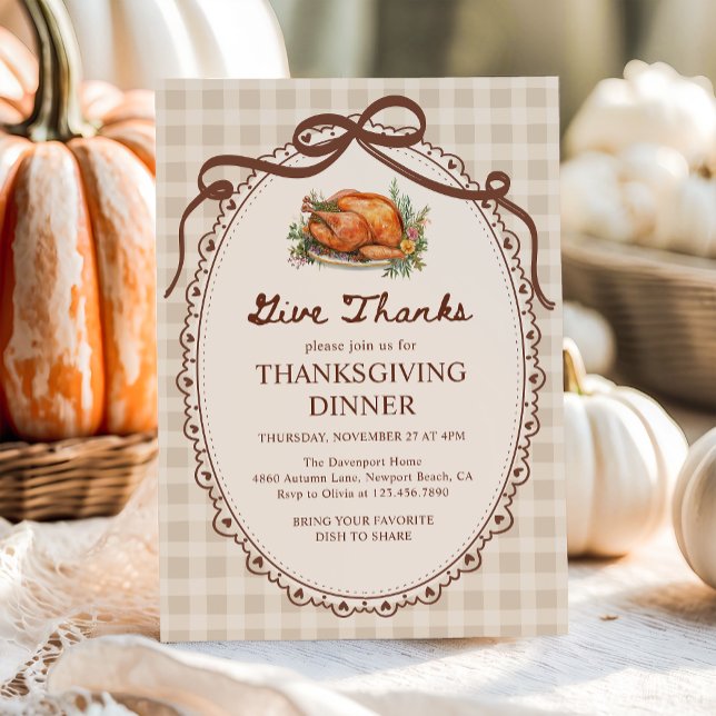 Give Thanks Turkey Gingham Thanksgiving Dinner Invitation (Creator Uploaded)