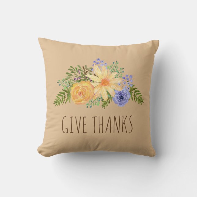 Give Thanks Watercolor Fall Floral Thanksgiving Cushion (Front)