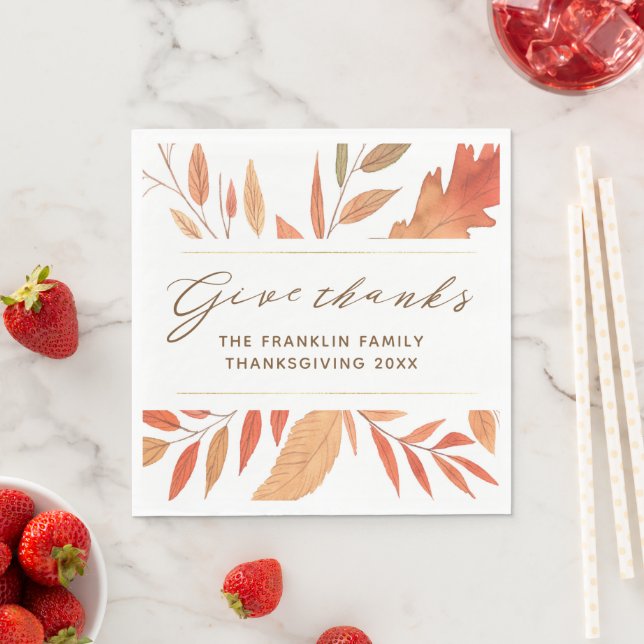 Give Thanks Watercolor Fall Leaves Thanksgiving Napkin (Insitu)