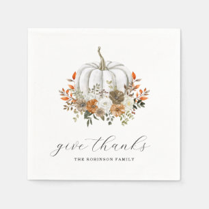 Give Thanks Watercolor Pumpkin Floral Thanksgiving Napkin