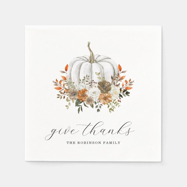 Give Thanks Watercolor Pumpkin Floral Thanksgiving Napkin (Front)