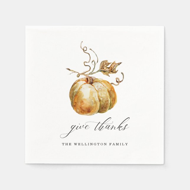 Give Thanks Watercolor Pumpkin Thanksgiving Napkin (Front)