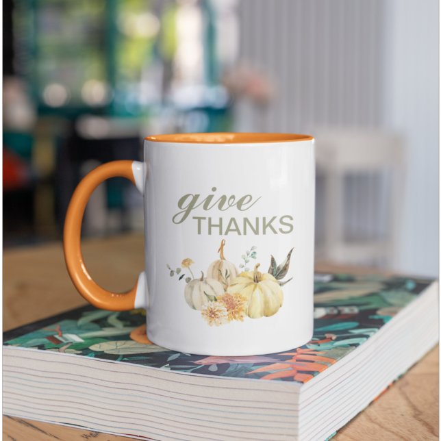 Give Thanks Watercolor Pumpkin Two-Tone Coffee Mug (Creator Uploaded)