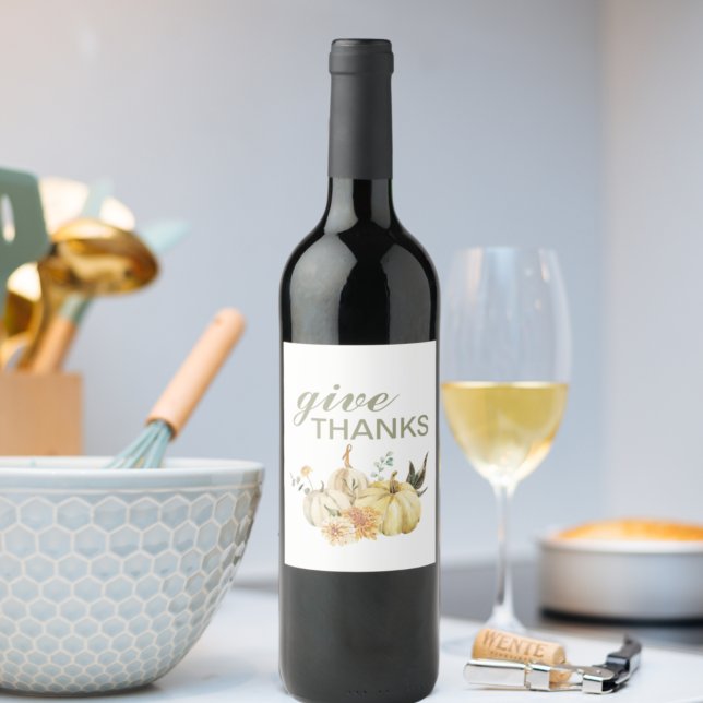 Give Thanks Watercolor Pumpkin Wine Label (Creator Uploaded)