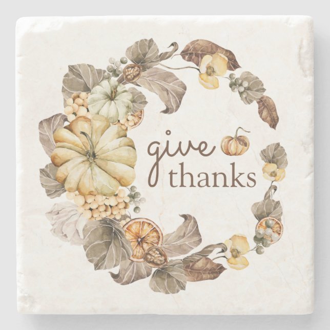 Give Thanks Watercolor Pumpkins Wreath Fall Stone  Coaster (Front)