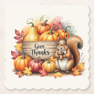 Give Thanks – Whimsical Squirrel & Pumpkin Harvest Paper Coaster