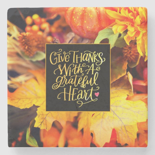 Give Thanks With a Grateful Heart Fall Flowers Stone Coaster (Front)