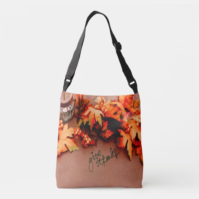 Give Thanks with Fall leaves Thanksgiving Crossbody Bag (Back)