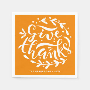 Give Thanks Wreath Thanksgiving Lettering Orange Napkin
