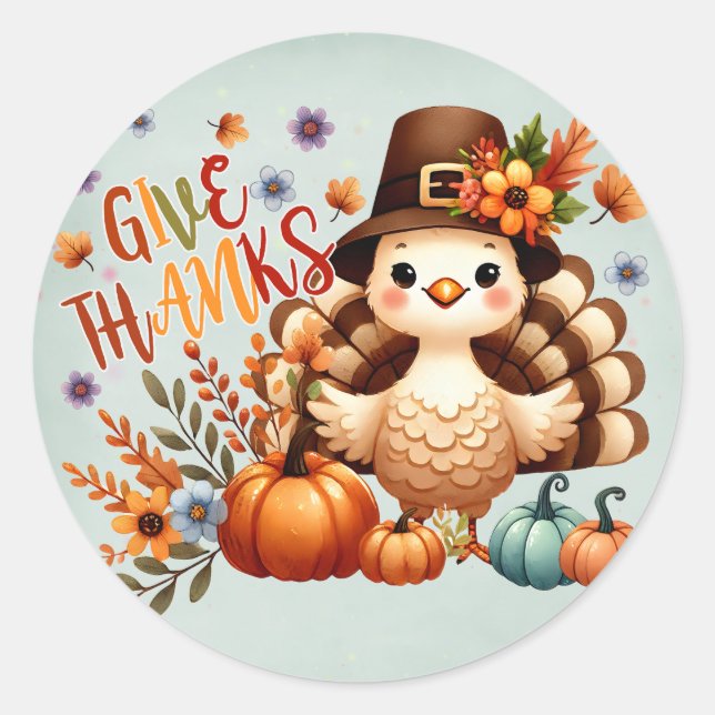 Giving Thanks- Cute Turkey Thanksgiving Sticker (Front)