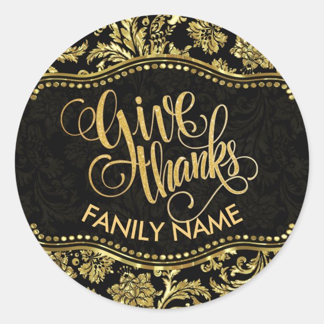 Giving thanks typography with gold damasks classic round sticker (Front)