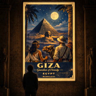 Giza Egypt Night Vintage Travel Poster | Moonlit