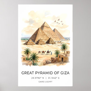 Giza Pyramid Wall Art Watercolor Travel Scene with