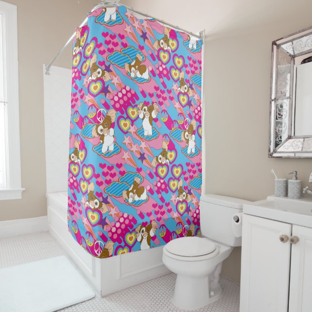 Gizmo | Pink Peace & Love Pattern Shower Curtain (In Situ)