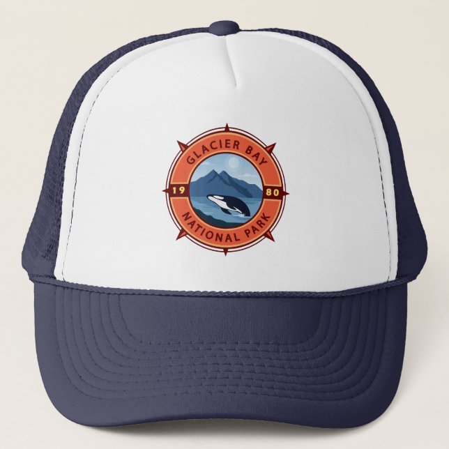 Glacier Bay National Park Orca Retro Compass Trucker Hat (Front)