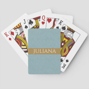 Glacier Blue Gold Quatrefoil Personalised  Playing Cards